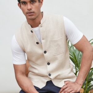 Mens Midweight Cotton Knitted Nehru Waistcoat