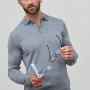 Mens Extra Fine Merino Wool Long Sleeve Polo Shirt